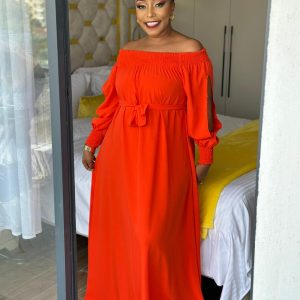 Off-Shoulder Flowy Maxi Dress with Waist Tie