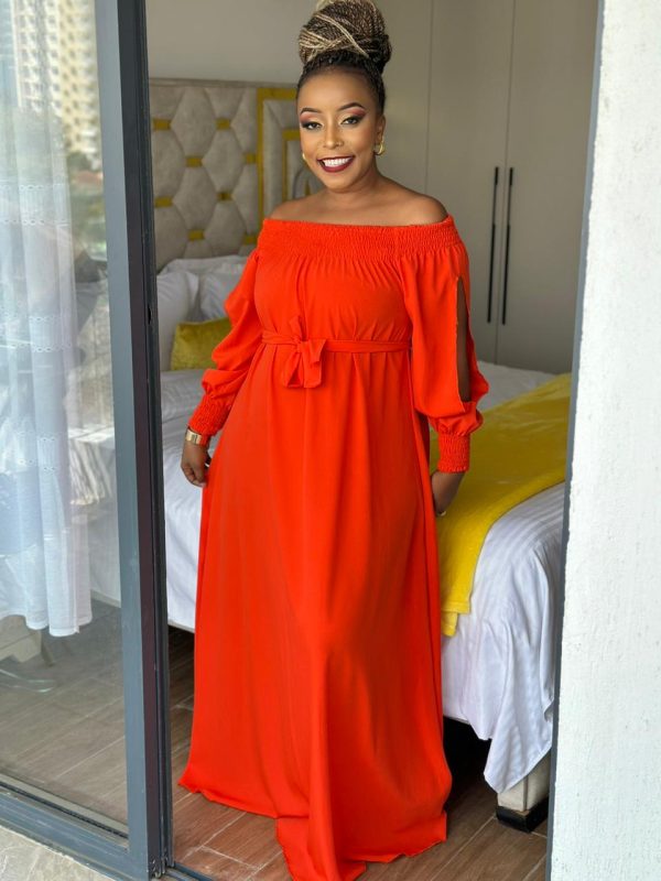 Off-Shoulder Flowy Maxi Dress with Waist Tie