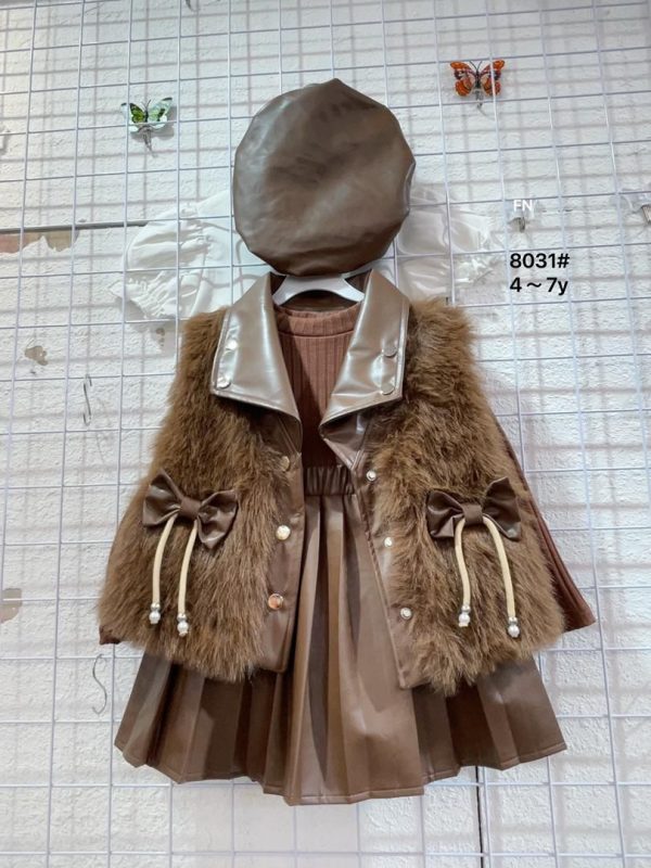 Luxe Brown Faux Leather & Fur Girls’ Outfit Set