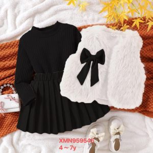 Elegant Girls’ Winter Dress Set with Faux Fur Vest